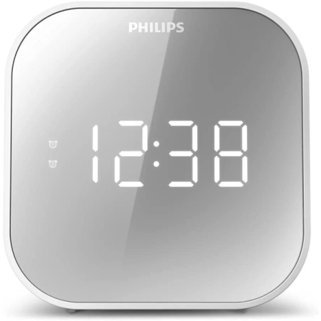 Radio-réveil Philips FM avec chargeur USB - Affichage LED effet miroir - Minuteur - Fonction snooze - 11 x 11 x 7,5 cm - Blanc