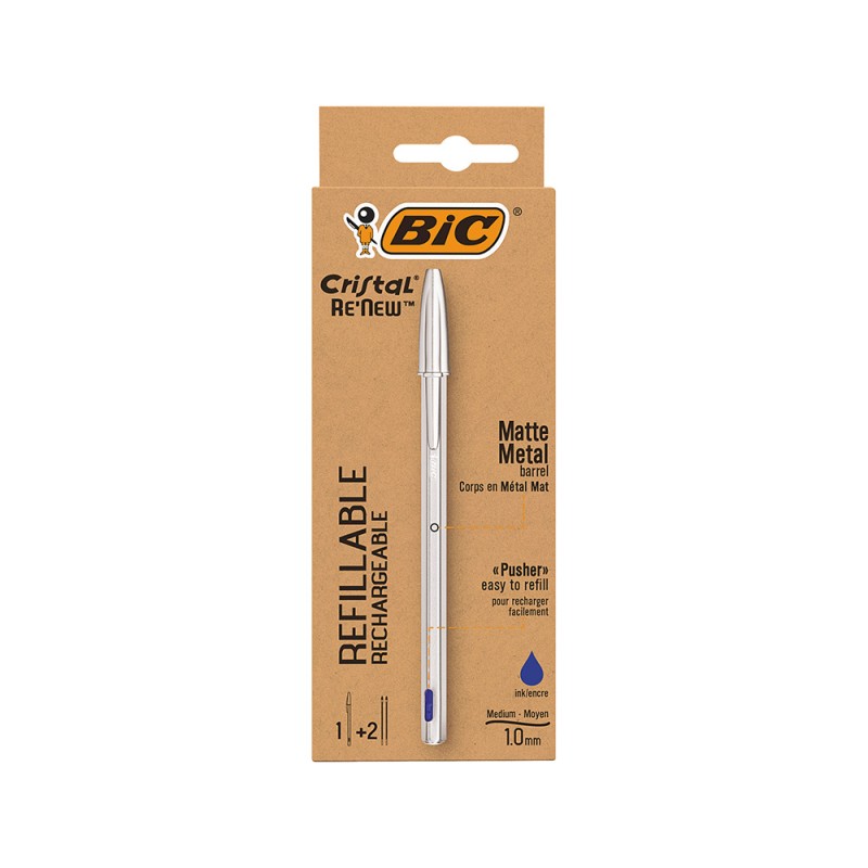 Stylo bille Bic Cristal Re'new bleu avec 2 recharges
