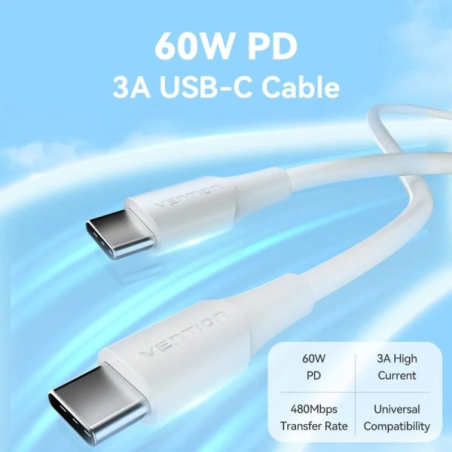 Câble USB-C Vention - Puissance jusqu'à 60 W - Longueur 0,5 m - Gaine PVC - Vitesse jusqu'à 480 Mbit/s - Blanc
