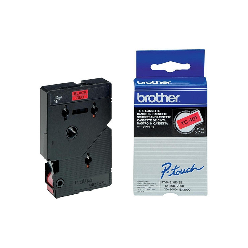 Ruban d'étiquettes laminé original Brother TC401 - Texte noir sur fond rouge - 12 mm x 7 m de large