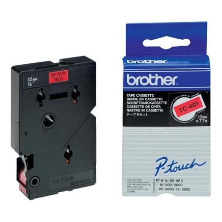 Ruban d'étiquettes laminé original Brother TC401 - Texte noir sur fond rouge - 12 mm x 7 m de large