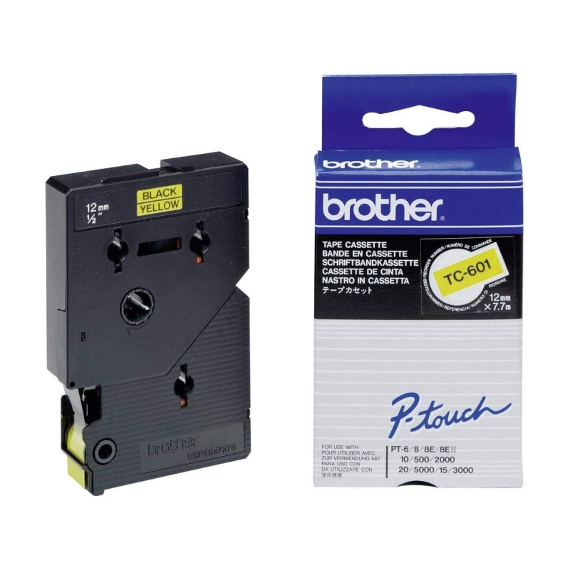 Ruban d'étiquettes laminé original Brother TC601 - Texte noir sur fond jaune - 12 mm x 7 m de large