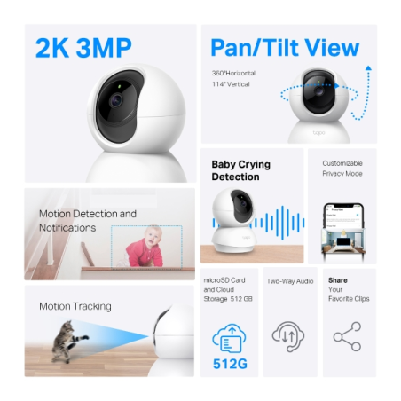 TP-Link Tapo TC71 Pack de 2 Camaras de Seguridad - 2K QHD - WiFi - Resolucion de 3Mpx - Vision Nocturna - Audio Bidireccional -