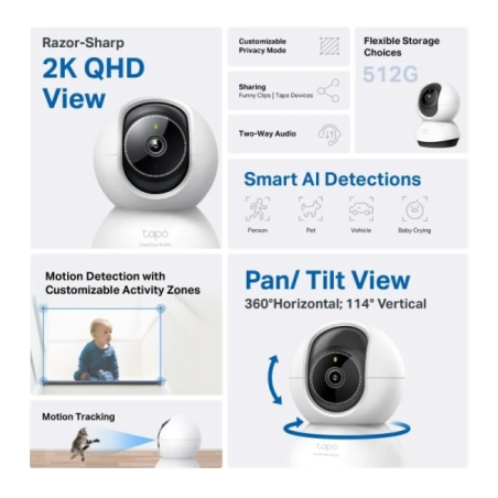 Caméra de sécurité WiFi TP-Link TC72 2K QHD 4MP 360º - Vision nocturne - Détection et notifications intelligentes par IA - Alarm