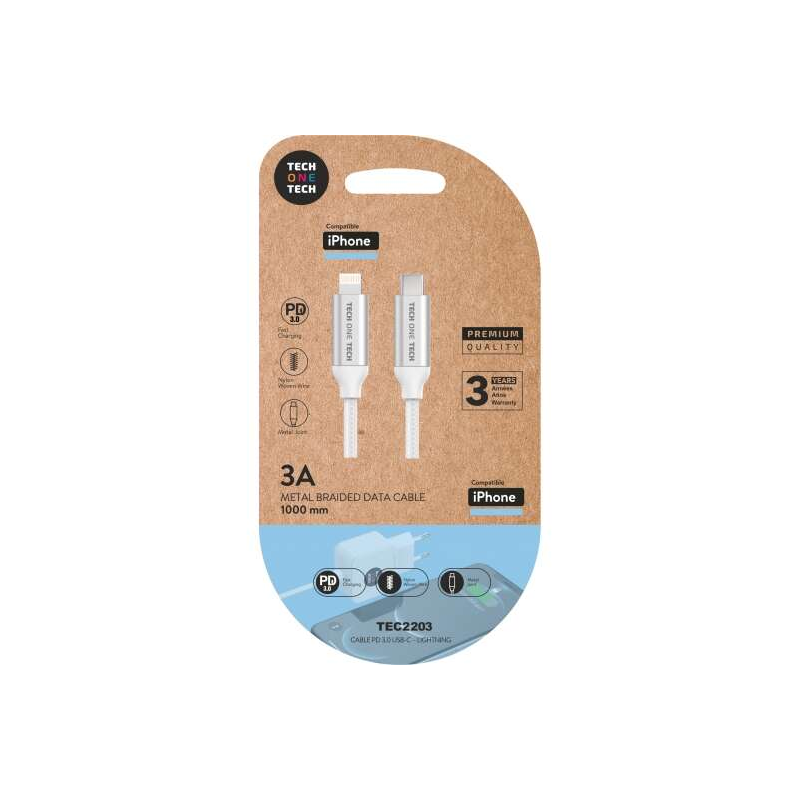 Câble TechOneTech USB-C PD 3.0 Mâle vers Lightning Mâle 1m - Recouvert de Nylon Tressé