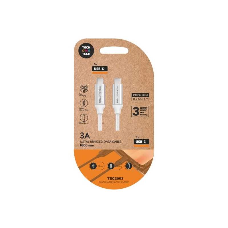 Câble TechOneTech USB-C PD 3.0 Mâle vers USB-C Mâle 1m - Revêtement Nylon Tressé