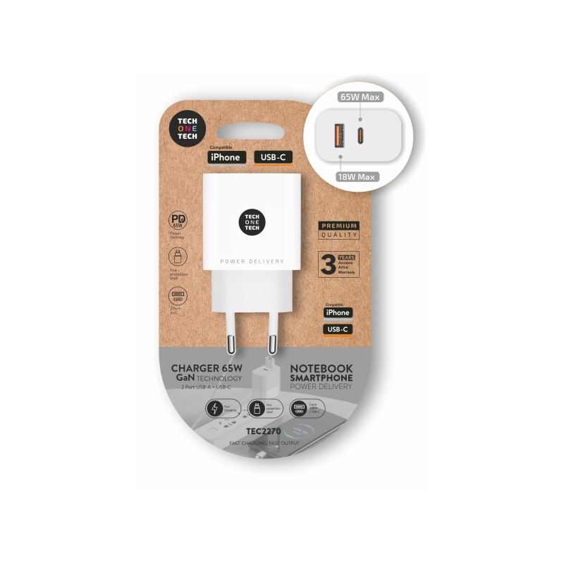 Chargeur mural TechOneTech 65 W PD avec 1 port USB-C + 1 port USB-A