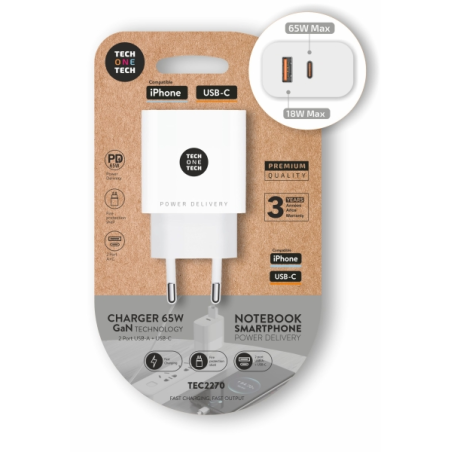 Chargeur mural TechOneTech 65 W PD avec 1 port USB-C + 1 port USB-A