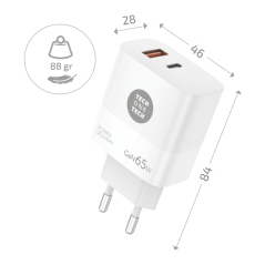 Chargeur mural TechOneTech 65 W PD avec 1 port USB-C + 1 port USB-A