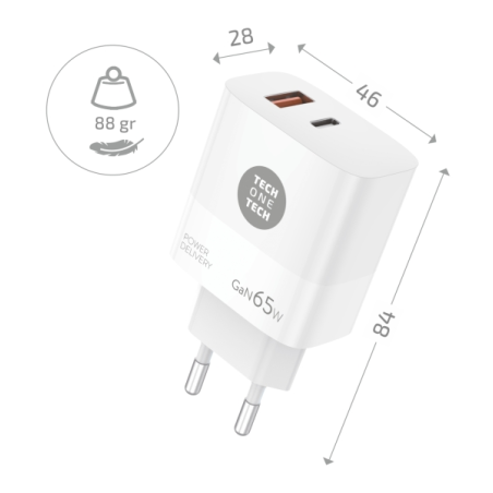 Chargeur mural TechOneTech 65 W PD avec 1 port USB-C + 1 port USB-A