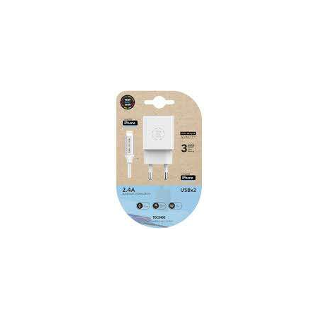 TechOneTech Chargeur Mural Double + Câble USB-A vers Lightning 1m - Revêtement Nylon Tressé