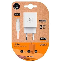 Chargeur Mural Double TechOneTech + Câble USB-A vers USB-C 1m - Revêtement Nylon Tressé