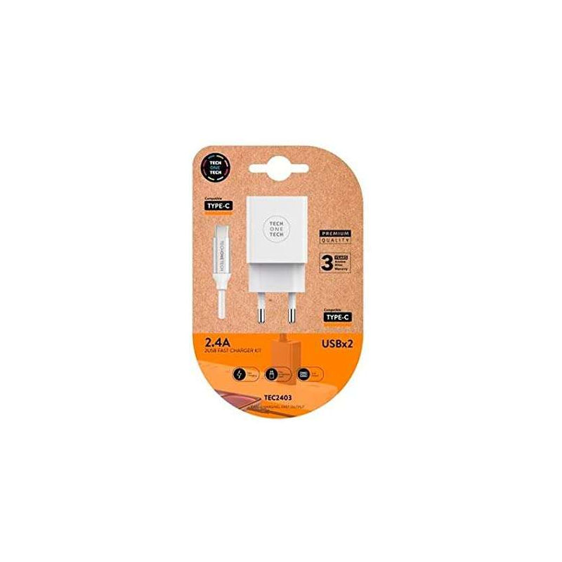 Chargeur Mural Double TechOneTech + Câble USB-A vers USB-C 1m - Revêtement Nylon Tressé