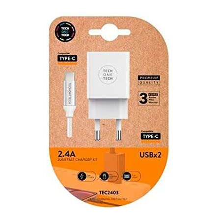 Chargeur Mural Double TechOneTech + Câble USB-A vers USB-C 1m - Revêtement Nylon Tressé