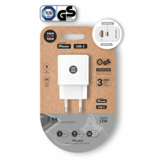 Chargeur mural double TechOneTech + câble USB-A vers Lightning de 1 m - Revêtement en nylon tressé blanc