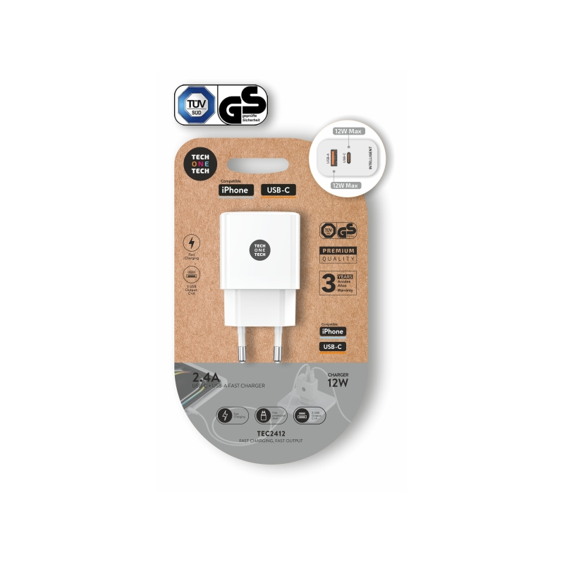 Chargeur mural double TechOneTech + câble USB-A vers Lightning de 1 m - Revêtement en nylon tressé blanc