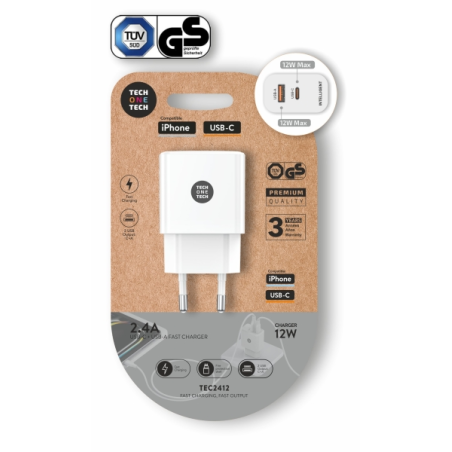 Chargeur mural double TechOneTech + câble USB-A vers Lightning de 1 m - Revêtement en nylon tressé blanc