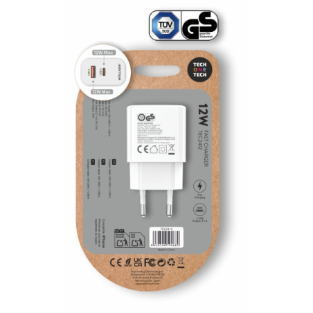 Chargeur mural double TechOneTech + câble USB-A vers Lightning de 1 m - Revêtement en nylon tressé blanc