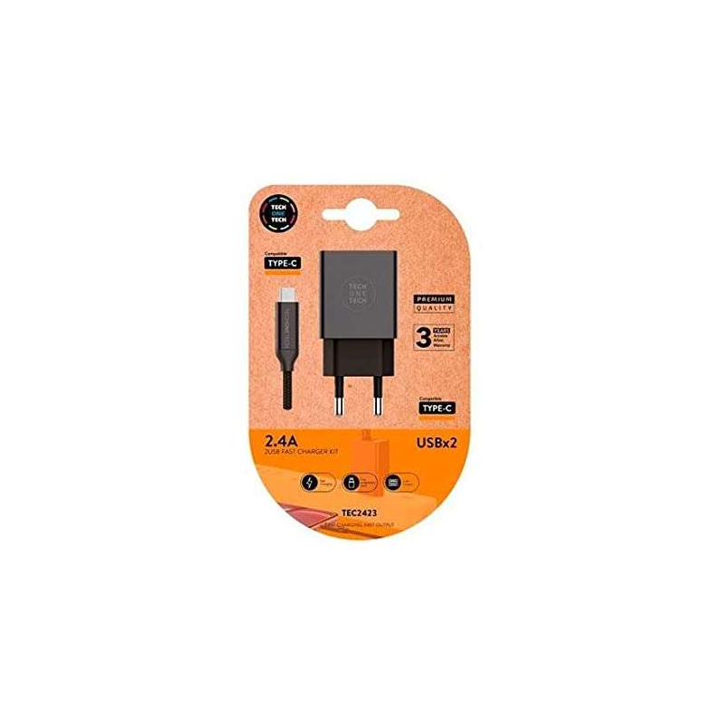 Chargeur Mural Double TechOneTech + Câble USB-A vers USB-C 1m - Revêtement Nylon Tressé