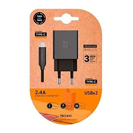 Chargeur Mural Double TechOneTech + Câble USB-A vers USB-C 1m - Revêtement Nylon Tressé