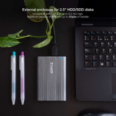 Tooq Boîtier externe HDD/SSD 2,5" USB 3.0/3.1 Gen 1 - SATA I, II et III - Câble USB3.0 Type Micro-B vers USB3.0 Type A