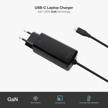Chargeur pour ordinateur portable Tooq GaN USB-C/PD 100 W - Câble de 1,80 m - Noir