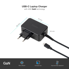Chargeur pour ordinateur portable Tooq GaN USB-C/PD 45 W - Câble de 1,80 m - Noir
