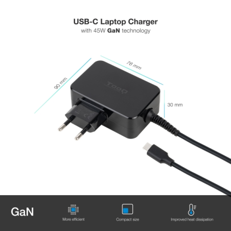 Chargeur pour ordinateur portable Tooq GaN USB-C/PD 45 W - Câble de 1,80 m - Noir