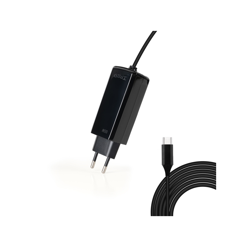 Chargeur pour ordinateur portable Tooq GaN USB-C/PD 65 W - Câble de 1,80 m - Noir