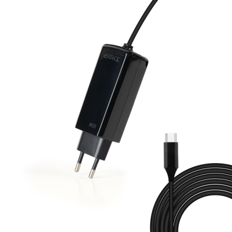 Chargeur pour ordinateur portable Tooq GaN USB-C/PD 65 W - Câble de 1,80 m - Noir