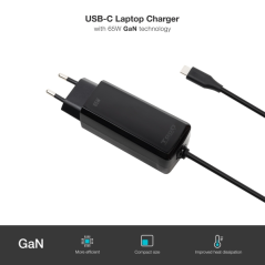 Chargeur pour ordinateur portable Tooq GaN USB-C/PD 65 W - Câble de 1,80 m - Noir