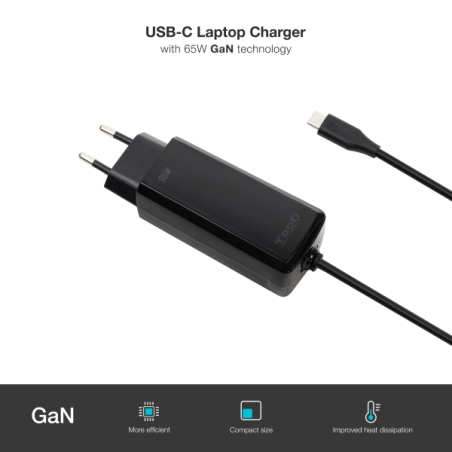 Chargeur pour ordinateur portable Tooq GaN USB-C/PD 65 W - Câble de 1,80 m - Noir