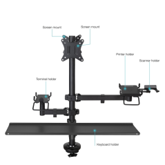 Support de bureau Tooq pour 2 écrans (17"-32") + fixations pour imprimante de point de vente, lecteur de codes-barres, lecteur d