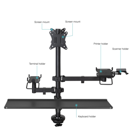 Support de bureau Tooq pour 2 écrans (17"-32") + fixations pour imprimante de point de vente, lecteur de codes-barres, lecteur d