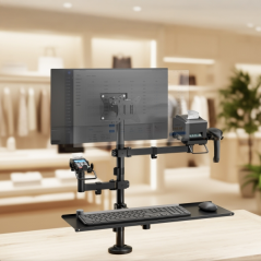 Support de bureau Tooq pour 2 écrans (17"-32") + fixations pour imprimante de point de vente, lecteur de codes-barres, lecteur d