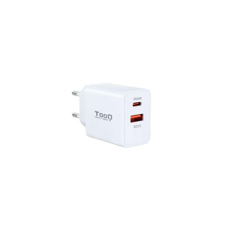 Tooq Chargeur Mural USB 3.0 18W, USB-C 20W - Charge Rapide - Couleur Blanche