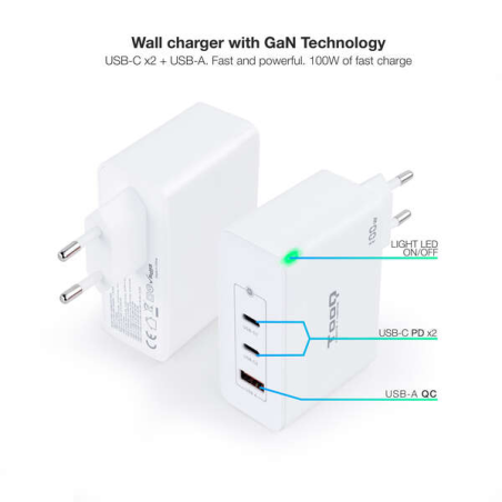 Tooq Chargeur Mural Gan 2xUSB-C/PD + USB-A/QC 100W