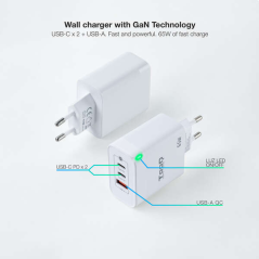 Tooq Chargeur Mural GaN 2 USB-C/PD + USB-A/QC 65W - Couleur Blanche