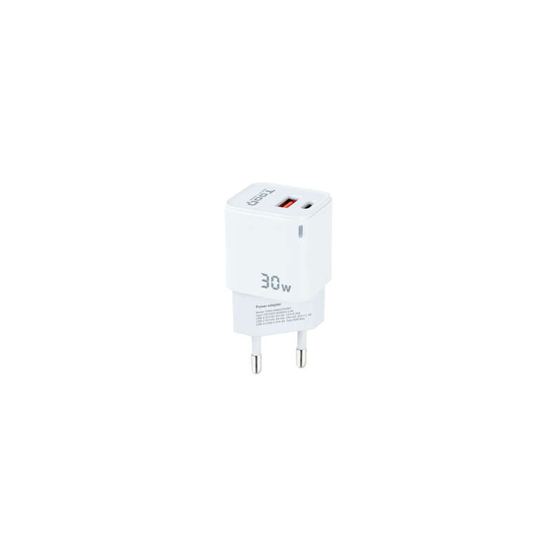 Tooq GaN Chargeur Mural USB-C/PD + USB-A/QC 30W - Couleur Blanche