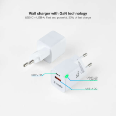 Tooq GaN Chargeur Mural USB-C/PD + USB-A/QC 30W - Couleur Blanche