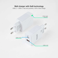 Tooq GaN Chargeur Mural USB-C/PD + USB-A/QC 45W - Couleur Blanche