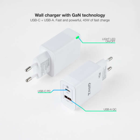 Tooq GaN Chargeur Mural USB-C/PD + USB-A/QC 45W - Couleur Blanche