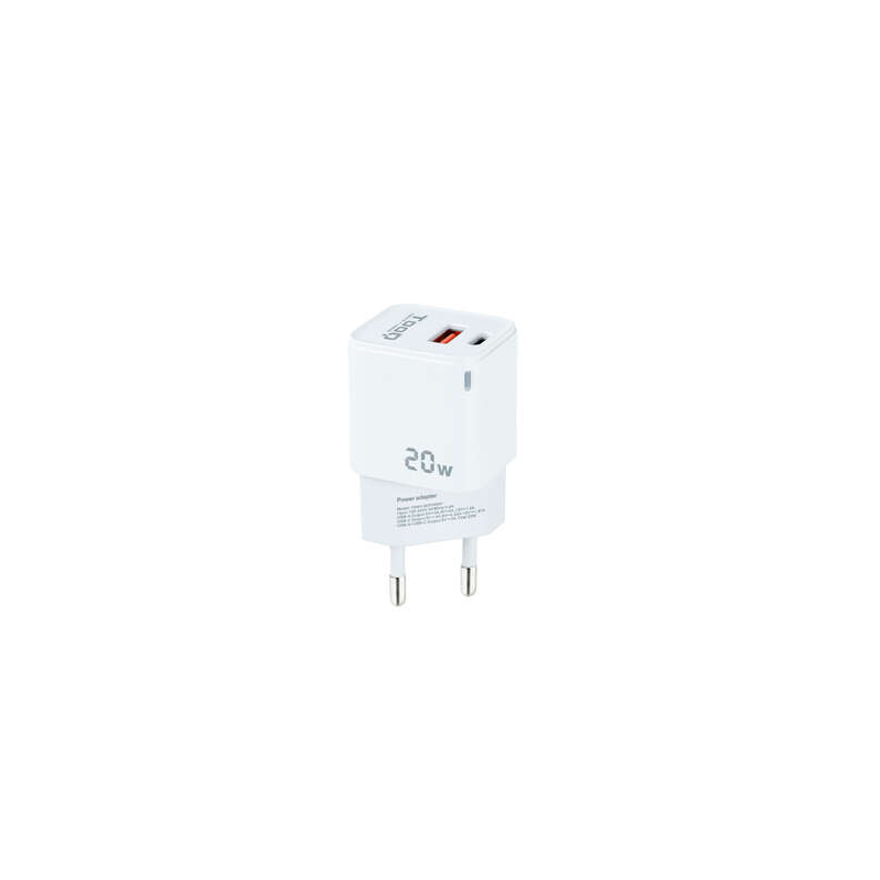 Tooq Chargeur Mural USB-C/PD + USB-A/QC 20W - Couleur Blanche