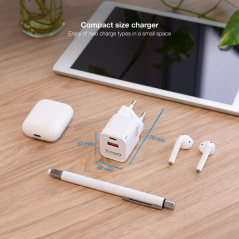 Tooq Chargeur Mural USB-C/PD + USB-A/QC 20W - Couleur Blanche