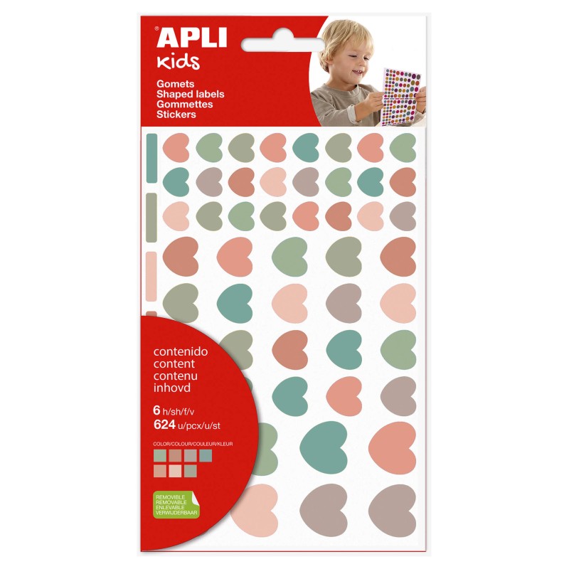 Apli Kids Sachet de 624 Autocollants Coeur Nordik - Adhésif Amovible - Couleurs et Tailles Assorties