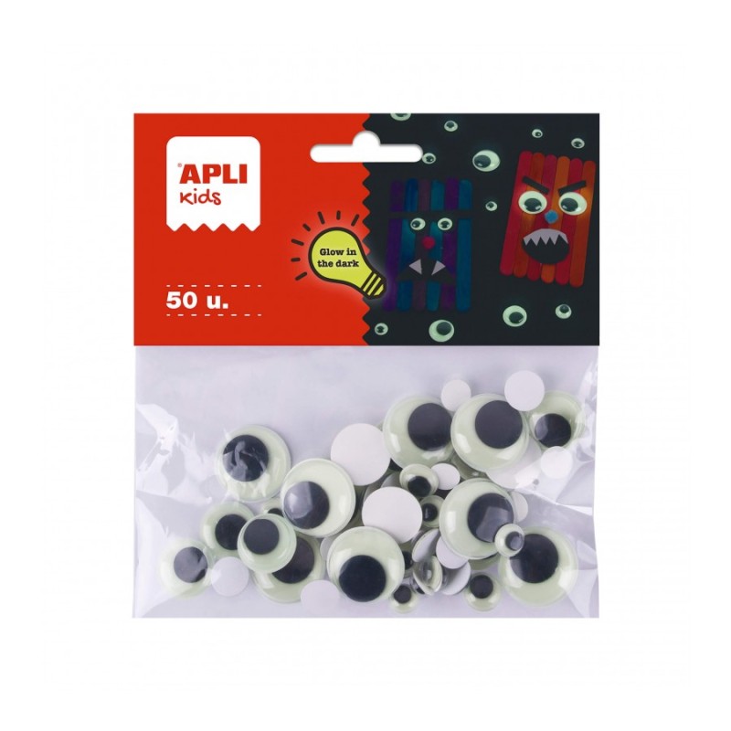 Apli Kids Sachet de 50 Yeux Mobiles Ronds Adhésifs - Glow in the Dark - Tailles 8mm, 10mm, 15mm, 20mm