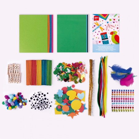 Apli Kids Pack d'artisanat avec pompons, formes EVA, pierres fantaisie adhésives, paillettes, bâtons en bois, yeux mobiles