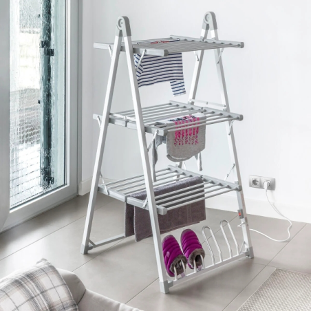 Étendoir à linge électrique pliable Innovagoods Verayer - 300 W - Supporte jusqu'à 2,5 kg par niveau - Câble de 140 cm - Tempéra