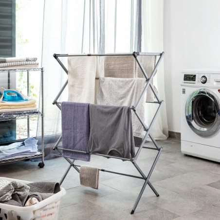 Étendoir à linge extensible en métal Innovagoods Cloxy, 3 hauteurs réglables, 11 barres, supporte jusqu'à 12 kg, pliable, résist