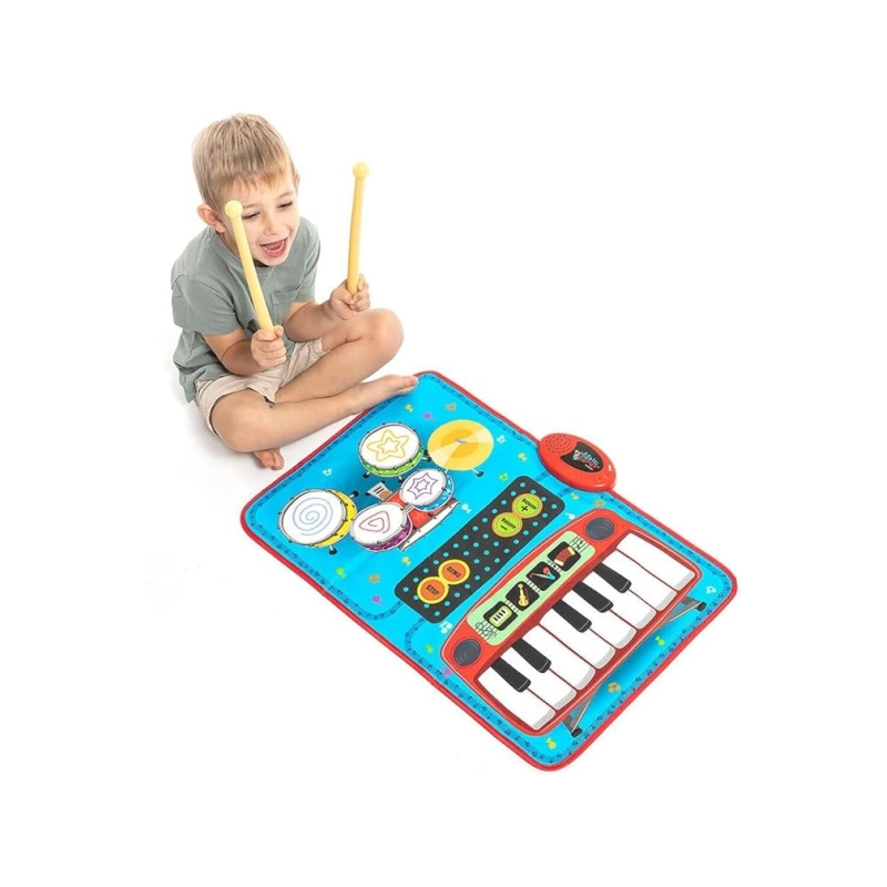 Tapis musical 2-en-1 Beats'n'Tunes d'Innovagoods : clavier avec 4 instruments, batterie avec tambours et cymbales, antidérapant,